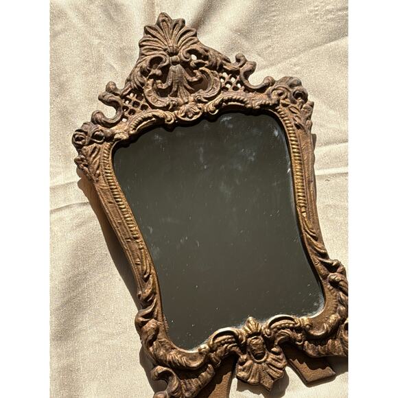 Vintage metal cast iron / brass vanity stand up mirror gold tone - Picture 8 of 10